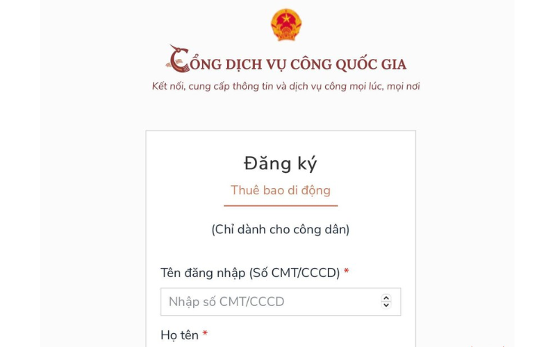 bạn có thể tiến hành đăng ký bằng cách lựa chọn Công dân - Thuê bao điện thoại di động