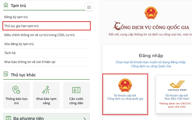 lựa chọn thủ tục Gia hạn tạm trú - Nộp trực tuyến
