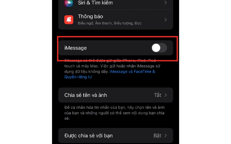 Tắt tùy chọn iMessage