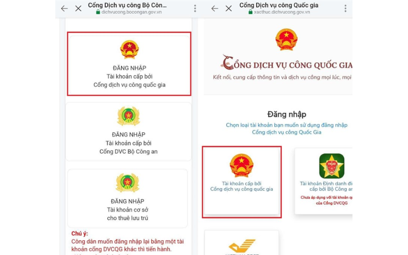 cách thức đăng nhập là Tài khoản cấp bởi dịch vụ công quốc gia