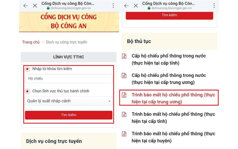 bạn lướt xuống phần bên dưới chọn Trình báo mất hộ chiếu Phổ thông