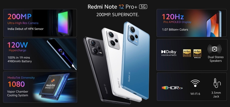 so sánh Xiaomi Redmi Note 12, Xiaomi Redmi Note 12 Pro Plus Redmi Note 12 Pro Plus 5G đi kèm với Dolby Atmos và nhiều tính năng ấn tượng
