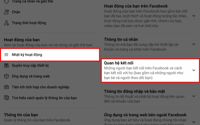 Nhật ký hoạt động chứa thông tin về ngày kết bạn