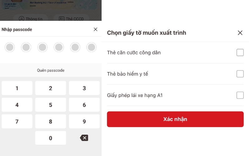 Nhập Passcode và chọn giấy tờ cần xuất trình