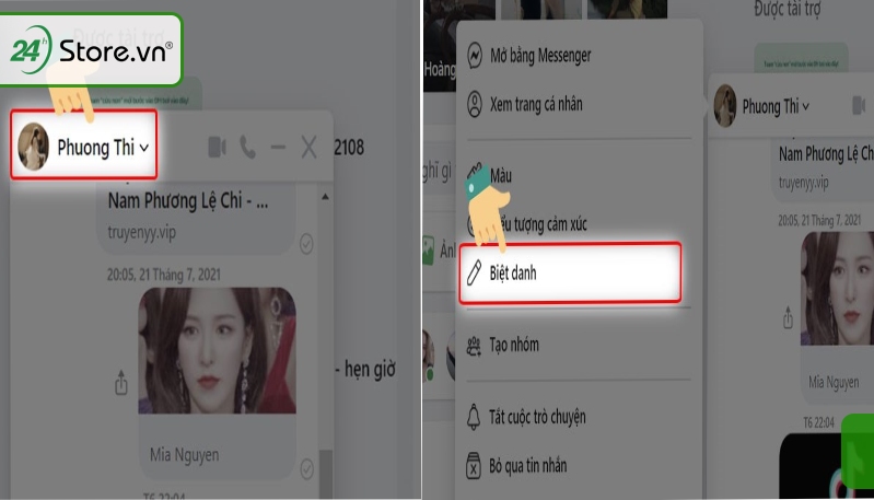 Chọn mục đặt biệt danh Messenger trên laptop
