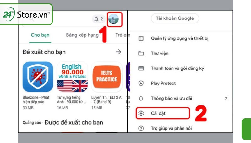 Chọn mục Cài đặt trong ứng dụng CH Play