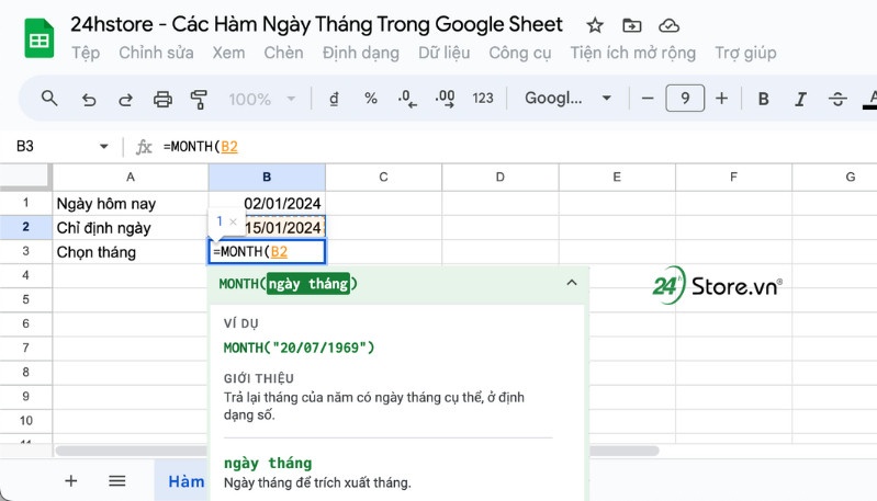 Hàm MONTH trong Google Sheet