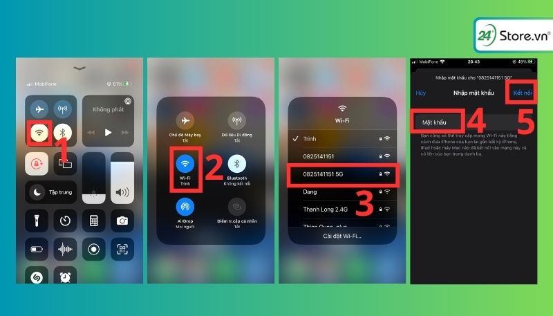 Nhấn vào biểu tượng WiFi sau đó nhấn và giữ biểu tượng chọn WiFi muốn kết nối sau đó nhập mật khẩu và nhấn Xong