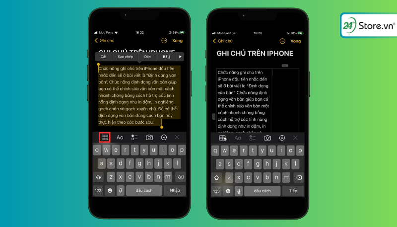 Bôi đen nội dung cần tạo bảng và nhấn biểu tượng bảng trên thanh công cụ của ghi chú