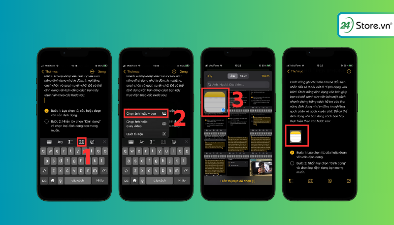 Nhấn vào biểu tượng máy ảnh sau đó nhấn vào mục chọn ảnh hoặc video để tải hình và video lên ghi chú