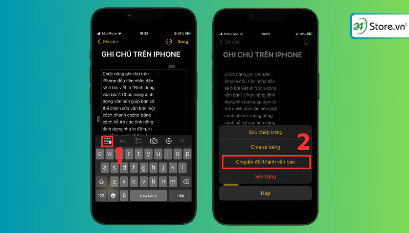 Nhấn vào bảng nhấn lại biểu tượng bảng sau đó chọn Chuyển đổi thành ăn bản