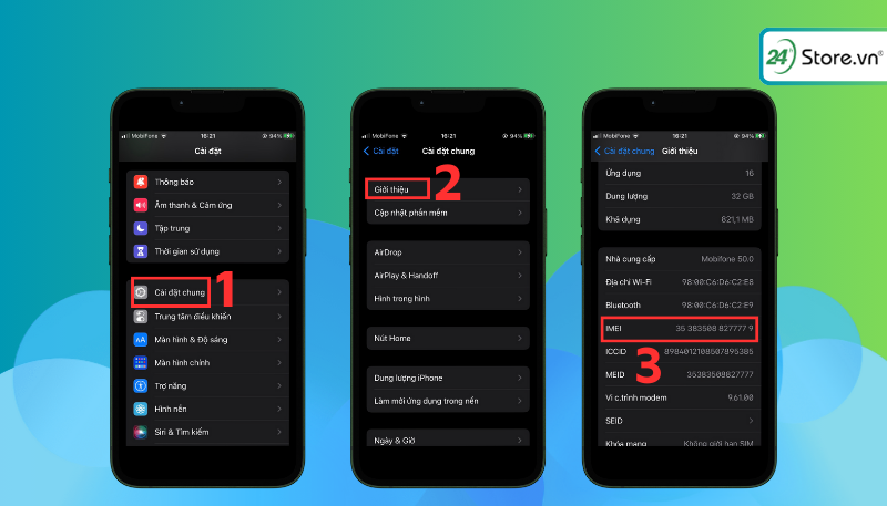 Chọn mục Giới thiệu tại Cài đặt chung sau đó xem số IMEI 