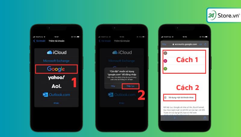 Chọn Google nhấn Tiếp tục sau đó bạn có thể đăng nhập hoặc tạo tài khoản mới