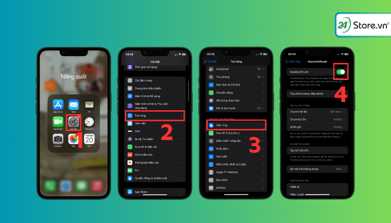 Vào Cài đặt sau đó tại mục Trợ năng chọn Cảm ứng sau đó chuyển nút gạt của AssistiveTouch sang màu xanh
