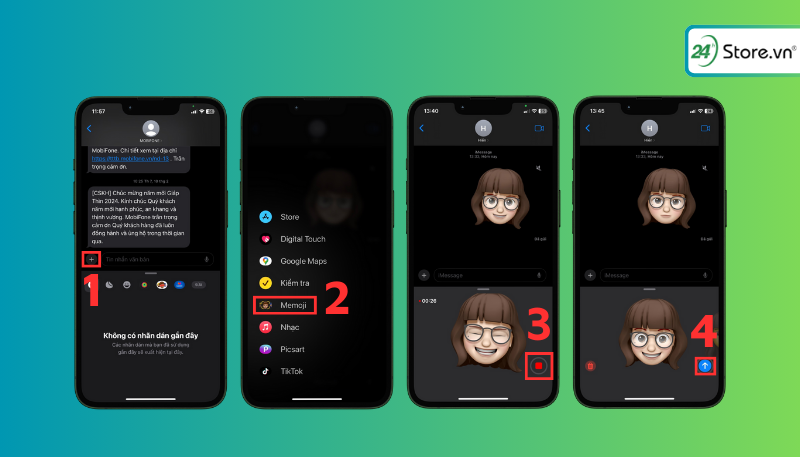Nhấn chọn dấu cộng lướt lên chọn Memoji nhấn giữ để quay video và nhấn dấu mũi tên để gửi Nhấn chọn dấu cộng lướt lên chọn Memoji nhấn giữ để quay video và nhấn dấu mũi tên để gửi