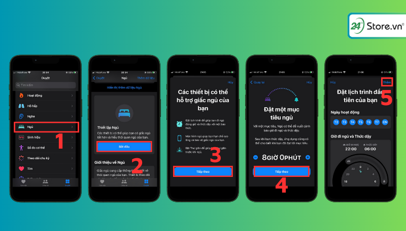 Mở app Sức khỏe vào mục Ngủ tại Thiết lập Ngủ chọn Bắt đầu nhấn Tiếp theo rồi bạn Đặt mục tiêu ngủ cuối cùng nhấn Thêm để hoàn thành quá trình