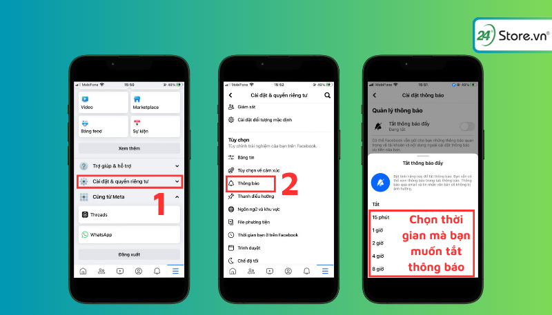 Nhấn chọn Thông báo ở mục Cài đặt & quyền riêng tư sau khi nhấn bật nút gạt bạn chọn thời gian muốn tắt thông báo