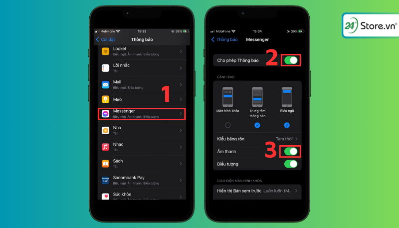 Nhấn vào Messenger ở mục Thông báo sau đó nhất Bật nút gạt ở vị trí Cho phép Thông báo và Âm thanh