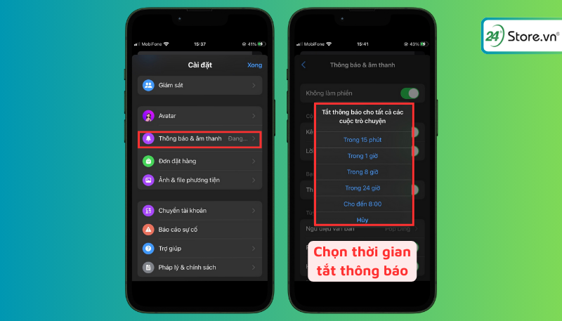 Tại mục Thông báo & âm thanh bạn nhấn bật nút gạt Không làm phiền sau đó chọn thời gian tắt thông báo
