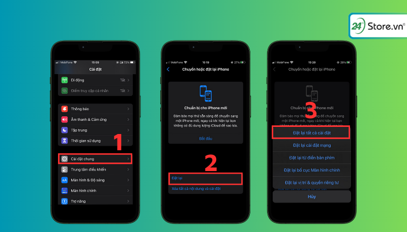 Vào Cài đặt tại mục Chuyển hoặc đặt lại iPhone chọn Đặt lại và cuối cùng chọn Đặt lại tất cả Cài đặt là xong