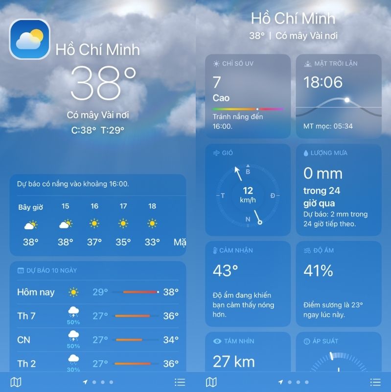 Giao diện dự báo thời tiết trên iOS