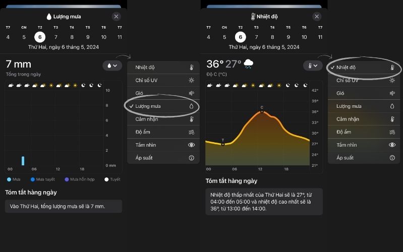 Giao diện dự báo mưa và nhiệt độ trên iOS thông qua biểu đồ
