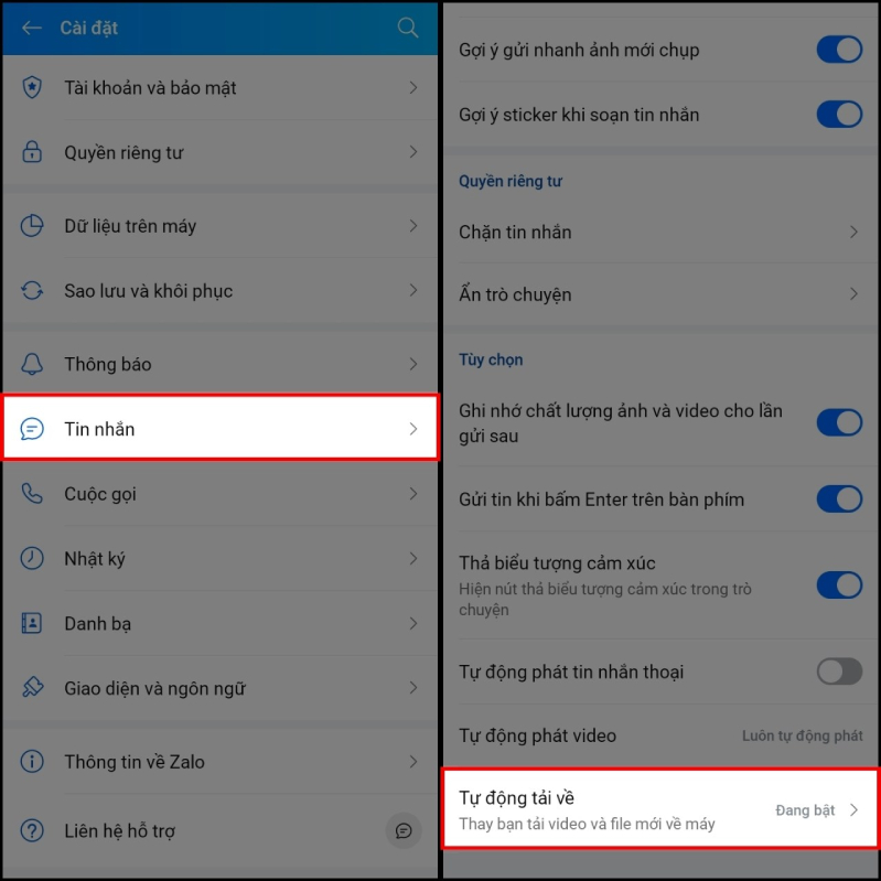 cách tắt tính năng tự lưu ảnh trên Zalo Chọn mục Tự động tải về ở mục Tin nhắn trong phần Cài đặt