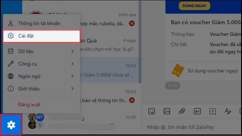 cách tắt tính năng tự lưu ảnh trên Zalo Chọn biểu tượng bánh răng ở góc trái dưới cùng sau khi đăng nhập vào tài khoản Zalo trên máy tính