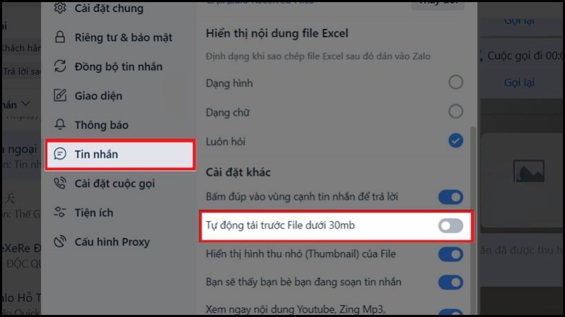 cách tắt tính năng tự lưu ảnh trên Zalo Bấm vào mục tin nhắn và chọn biểu tượng nút gạt tròn ở mục Tự động tải file dưới 30Mb để tắt tính năng