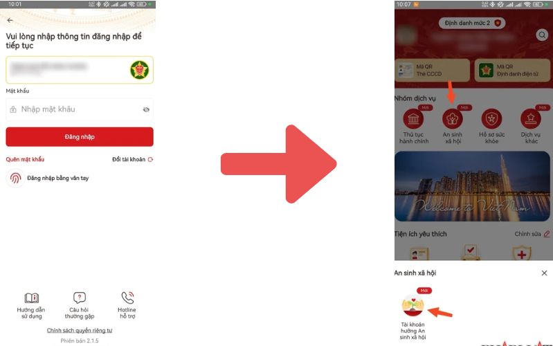cách nhận tiền an sinh xã hội trên VNeID
