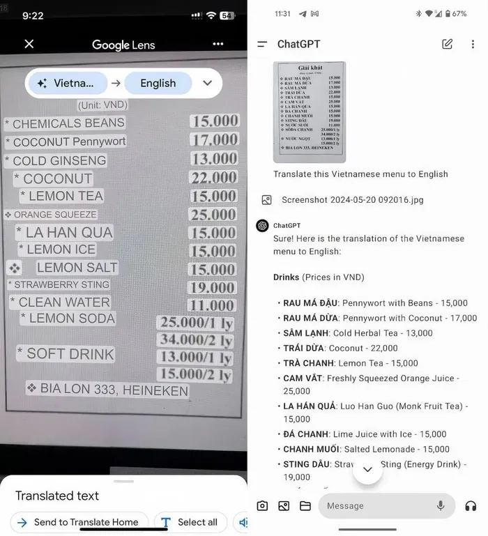 So sánh giữa việc dịch hình ảnh bằng Google Dịch (trái) và ChatGPT (phải)