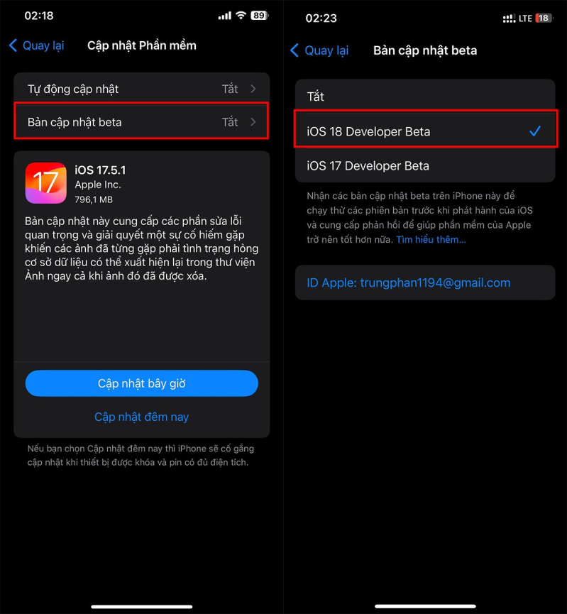 Chọn Bản cập nhật beta