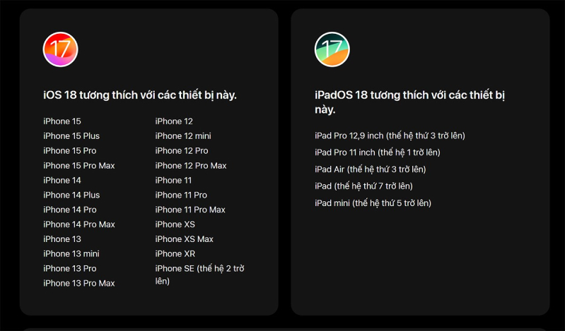 Danh sách iPhone được cập nhật phần mềm iOS 18 
