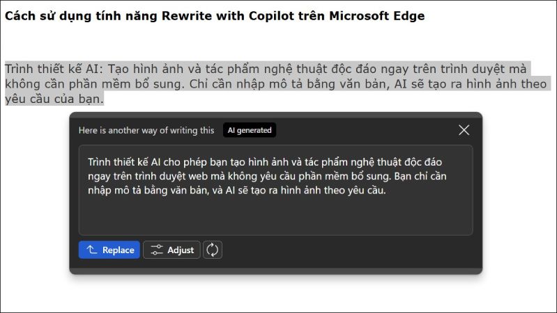 Copilot tiến hành viết lại đoạn văn bản