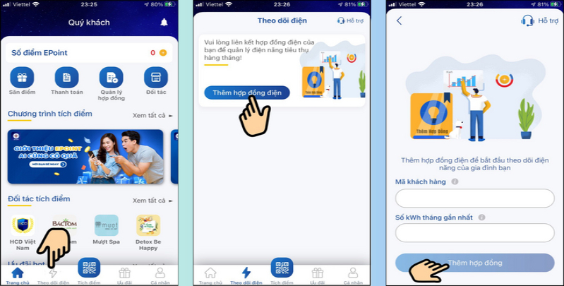 cách tra cứu số điện tiêu thụ chọn Thêm hợp đồng điện
