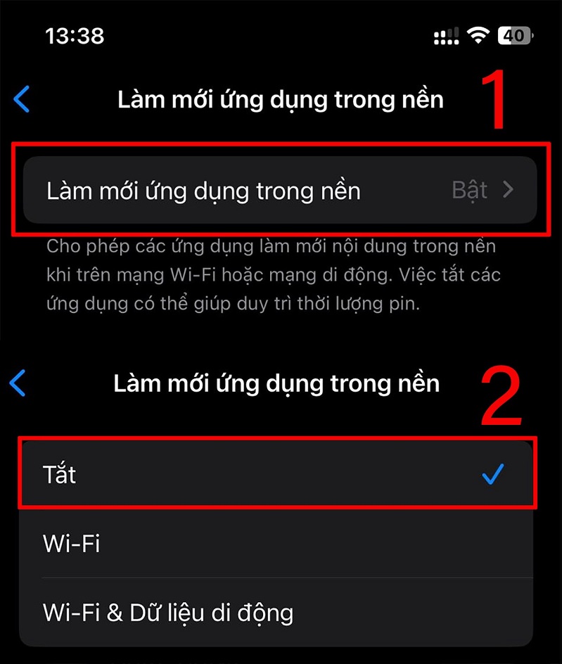 Ấn để tắt tính năng Làm mới ứng dụng trong nền
