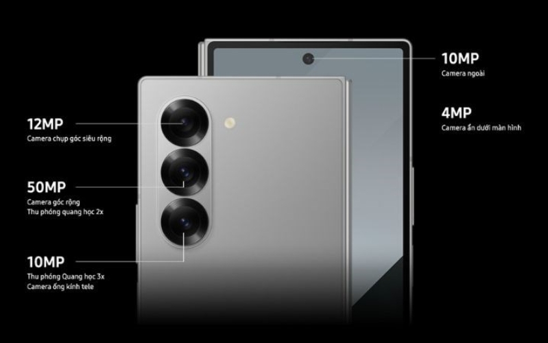 Galaxy Z Fold6 sở hữu cụm camera quen thuộc với cảm biến chính 50MP, camera góc siêu rộng 12MP và camera tele 10MP