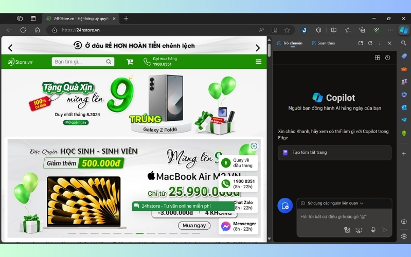 Bạn có thể truy cập Copilot thông qua thanh bên, sử dụng nó để tóm tắt nội dung trang web, tìm kiếm, viết lại nội dung đang soạn thảo hoặc đang chọn