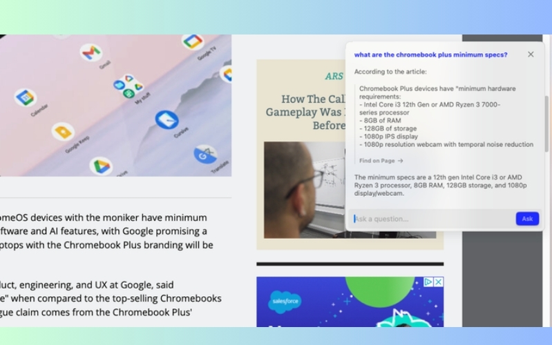 Ask on Page cho phép bạn hỏi AI bất kỳ câu hỏi nào về trang web bạn đang mở, ví dụ như yêu cầu tóm tắt hoặc giải thích nội dung