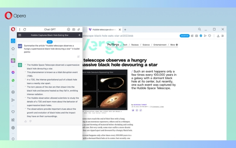 Aria, trợ lý AI trên Opera, được hỗ trợ bởi các mô hình ngôn ngữ lớn từ OpenAI và Google, tương tự như công cụ Copilot trên Microsoft Edge