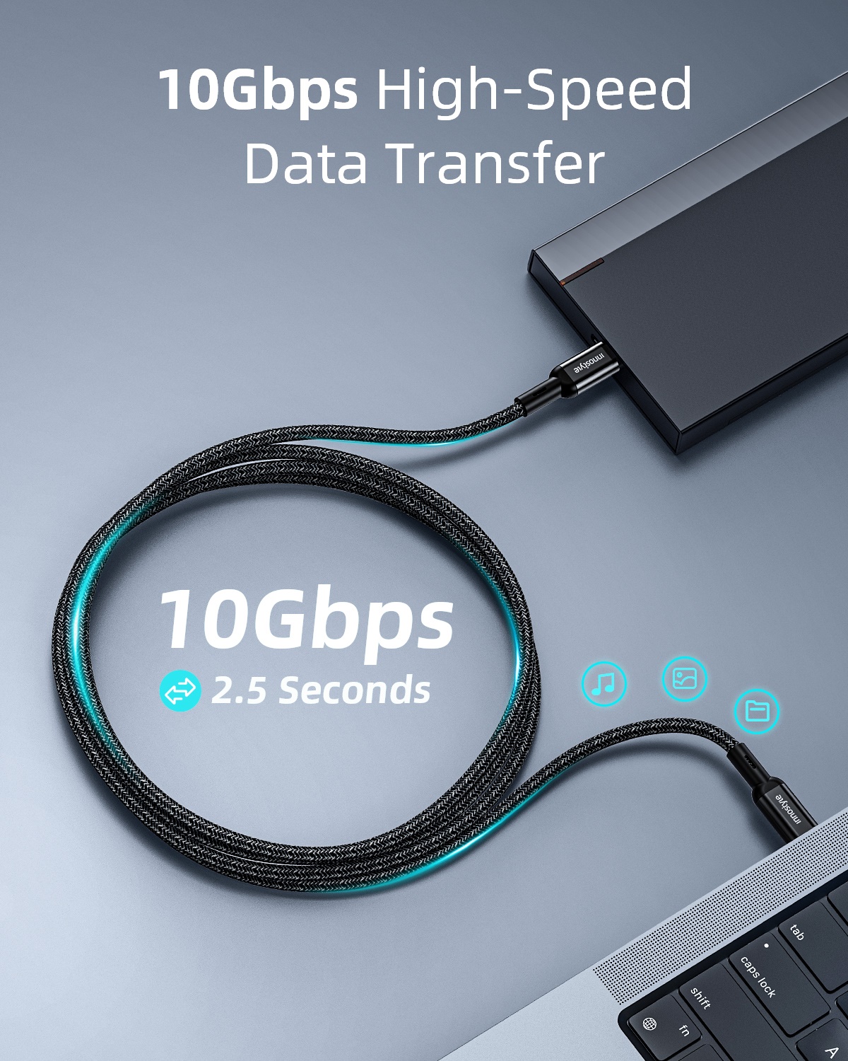 Cáp C to C Innostyle Powerflex 100W/10GBPS 4K/60HZ ICC200AL Khả năng truyền dữ liệu nhanh chóng