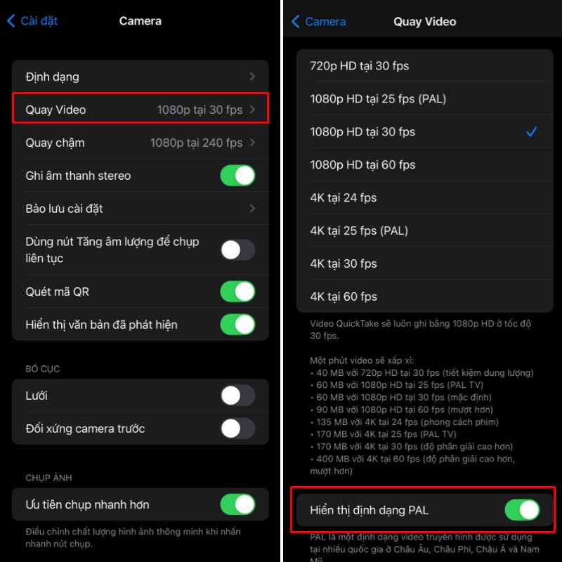Thay đổi thiết lập độ phân giải video trên iPhone