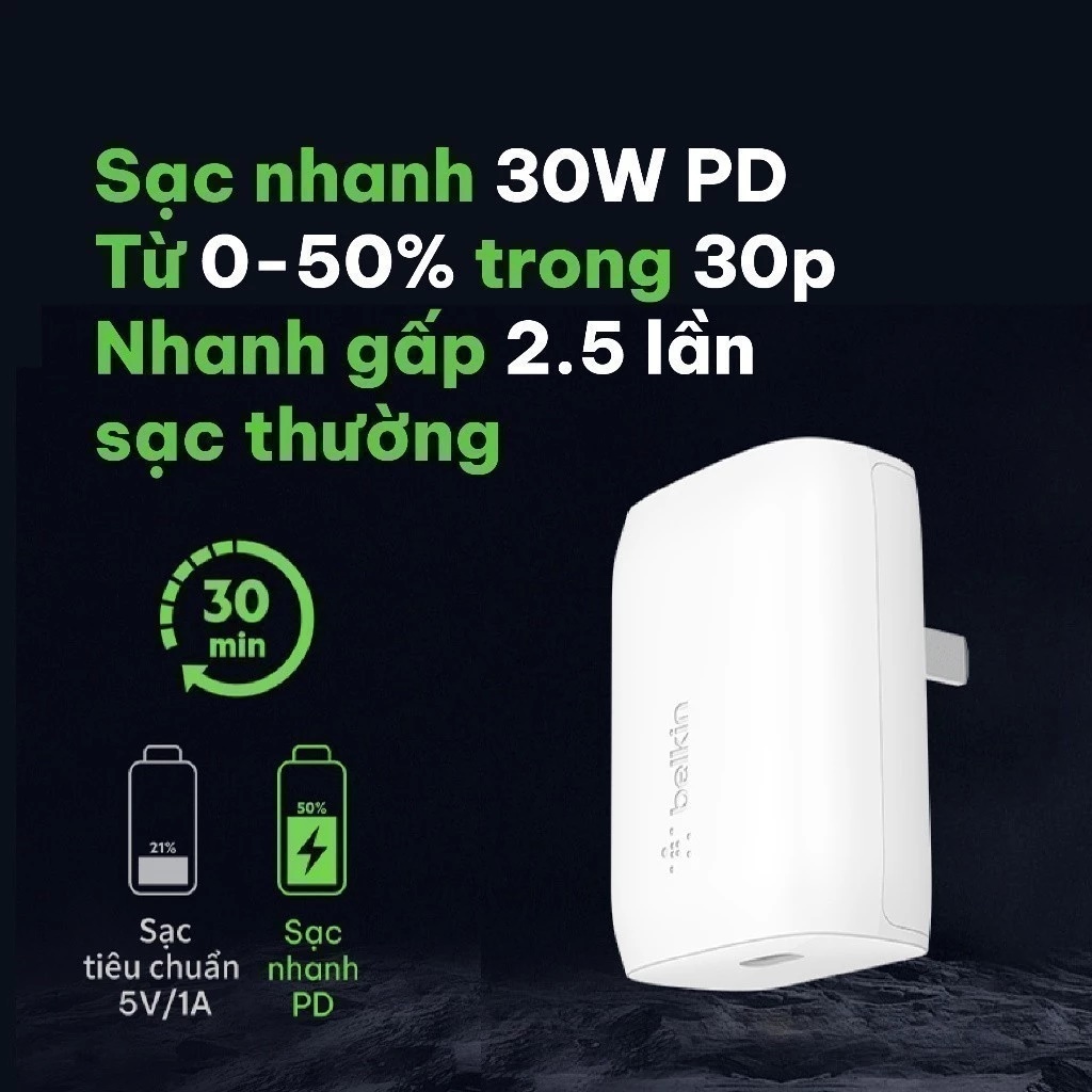 Cốc sạc Belkin USB-C 30W PD PPS Công nghệ sạc nhanh hiện đại nhất