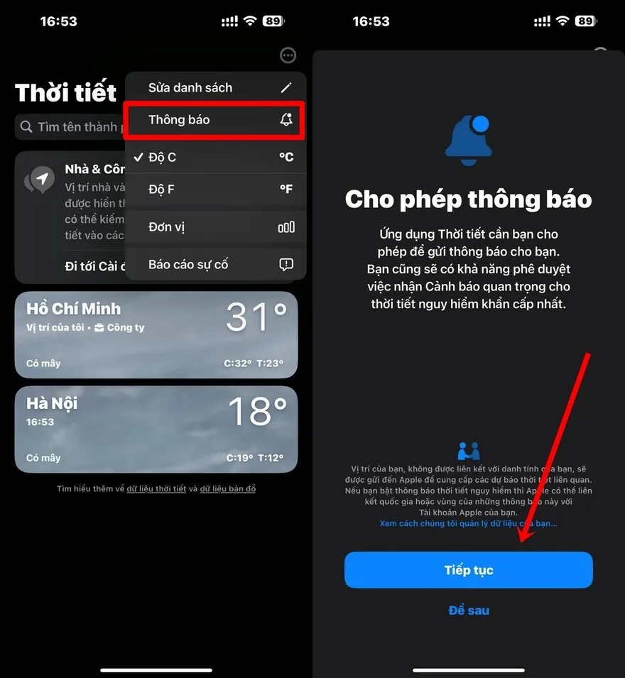 Các bước bật thông báo thời tiết trên iPhone