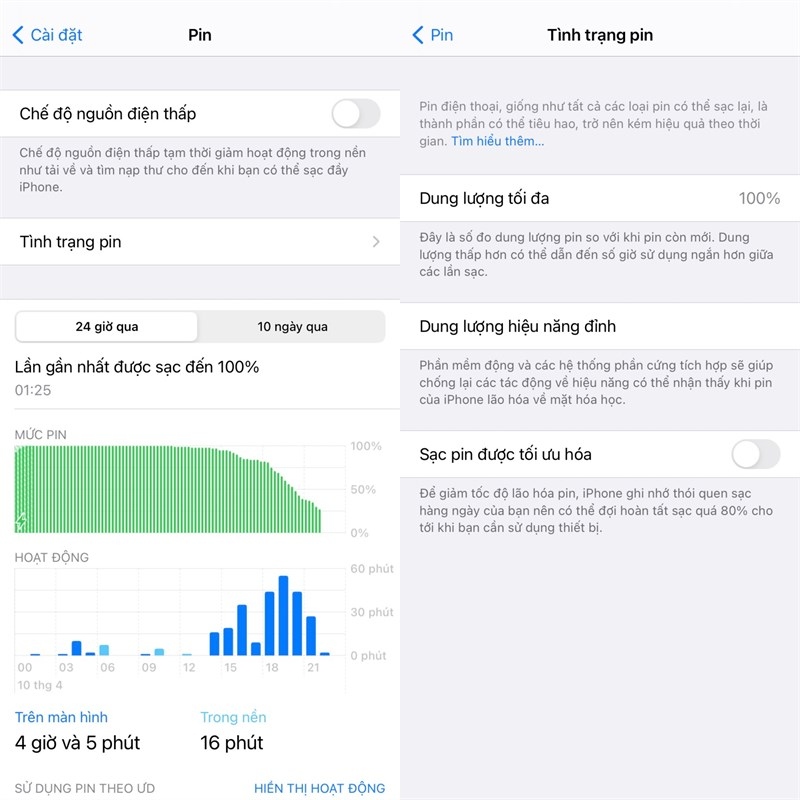 Với iPhone: Kiểm tra trong mục Cài đặt > Pin > Tình trạng pin & Sạc.