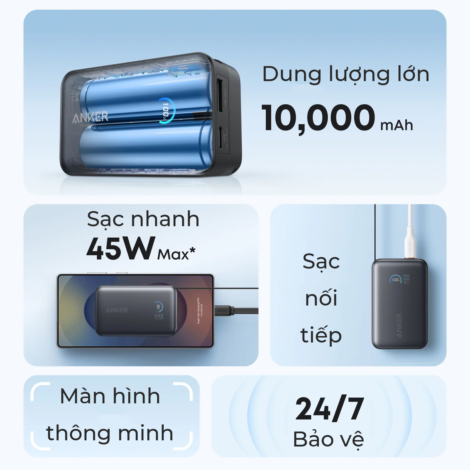 Sạc dự phòng Anker Nano 10000mAh 45w 1C1A tích hợp cáp USB-C A1638