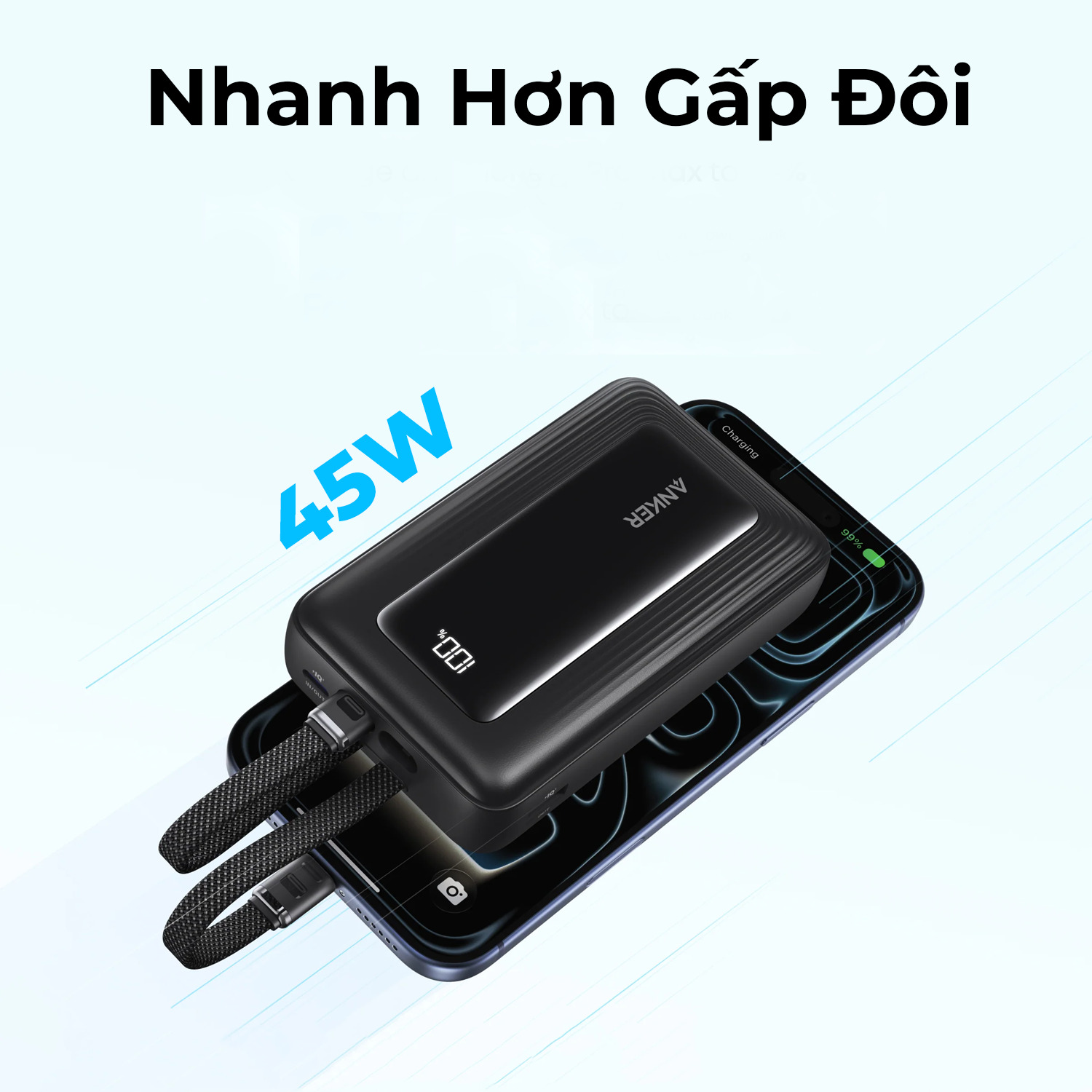 Sạc dự phòng Anker Zolo 20000mAh 45W 1A1C tích hợp 2 cáp Type-C A1681