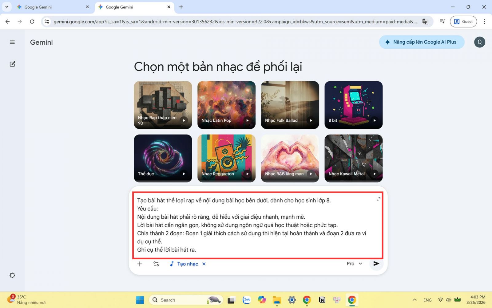 Hướng dẫn chi tiết cách biến bài học thành bài hát với Gemini