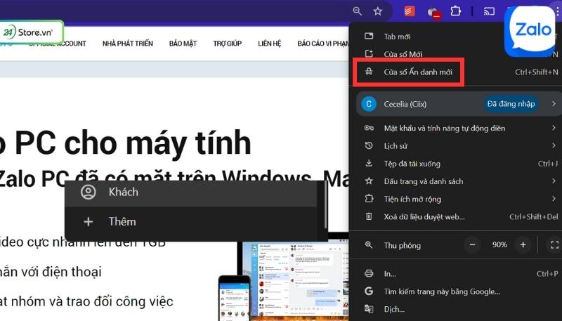 Cách tạo tài khoản Zalo thứ 2 trên máy tính bằng trình duyệt ẩn danh 