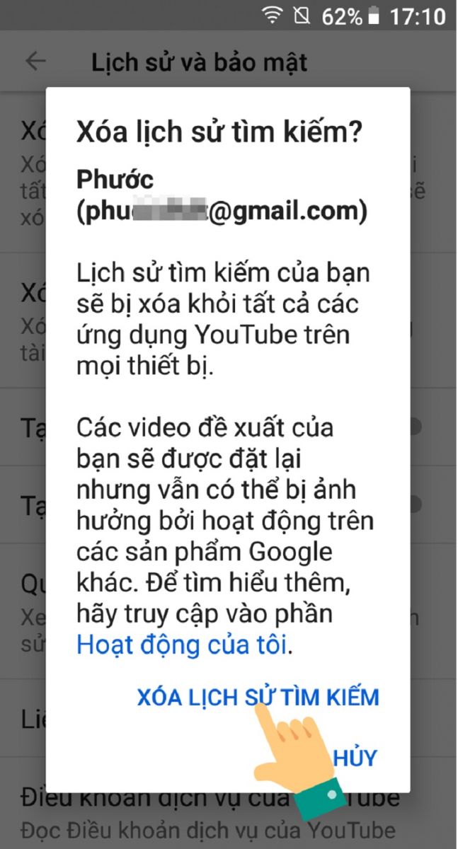 cách xóa lịch sử tìm kiếm trên youtube